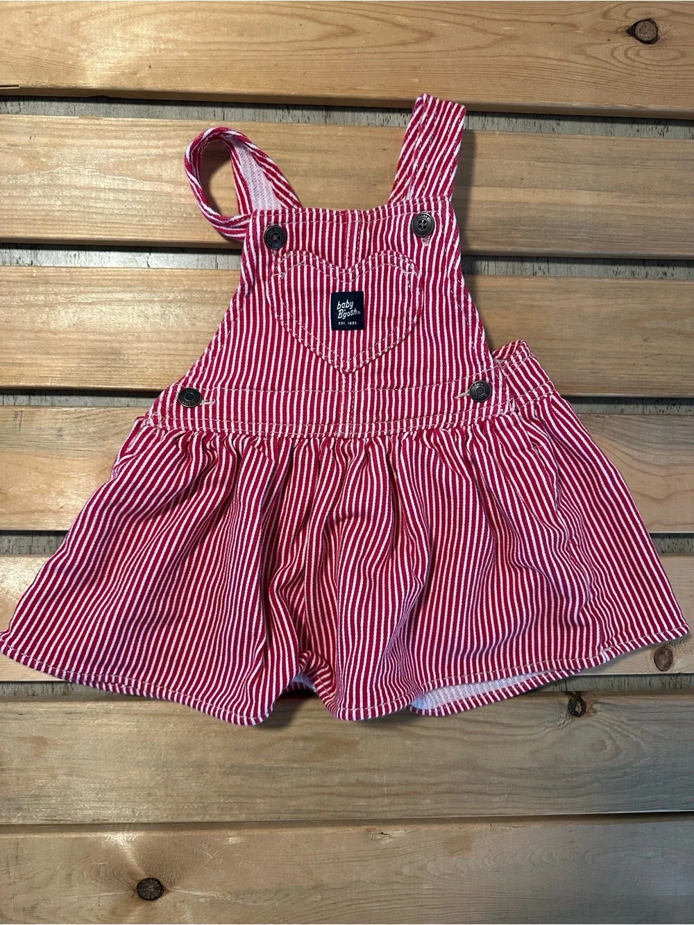 Baby B'gosh Skirtall Dress Girls Sz 18 M Red Engineer Hickory Stripe Overalls